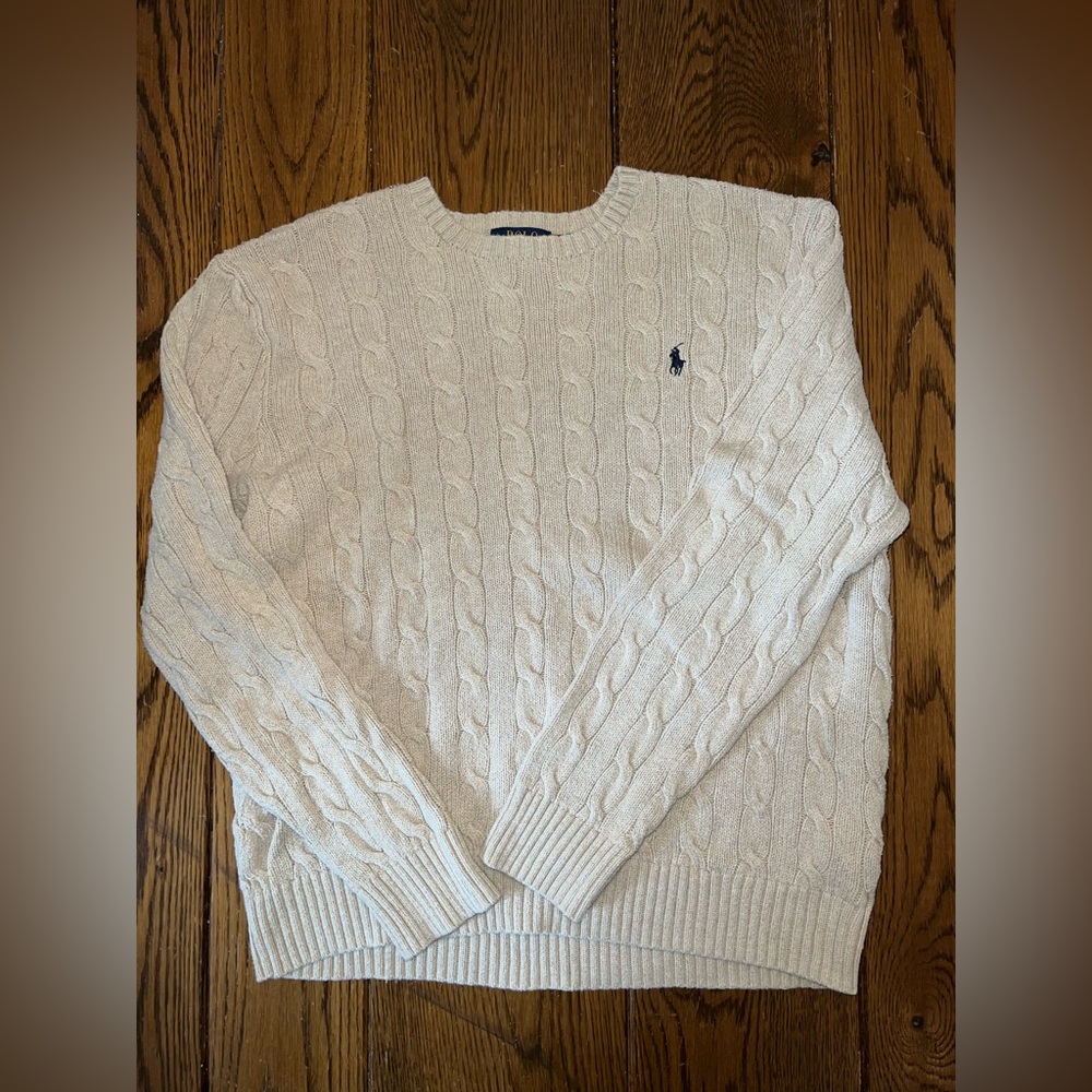 Polo Ralph Lauren mens cable knit braided sweater in light cream tan size Large